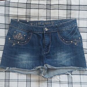 Blue Jean Shorts with Frayed Hem and Medium Wash